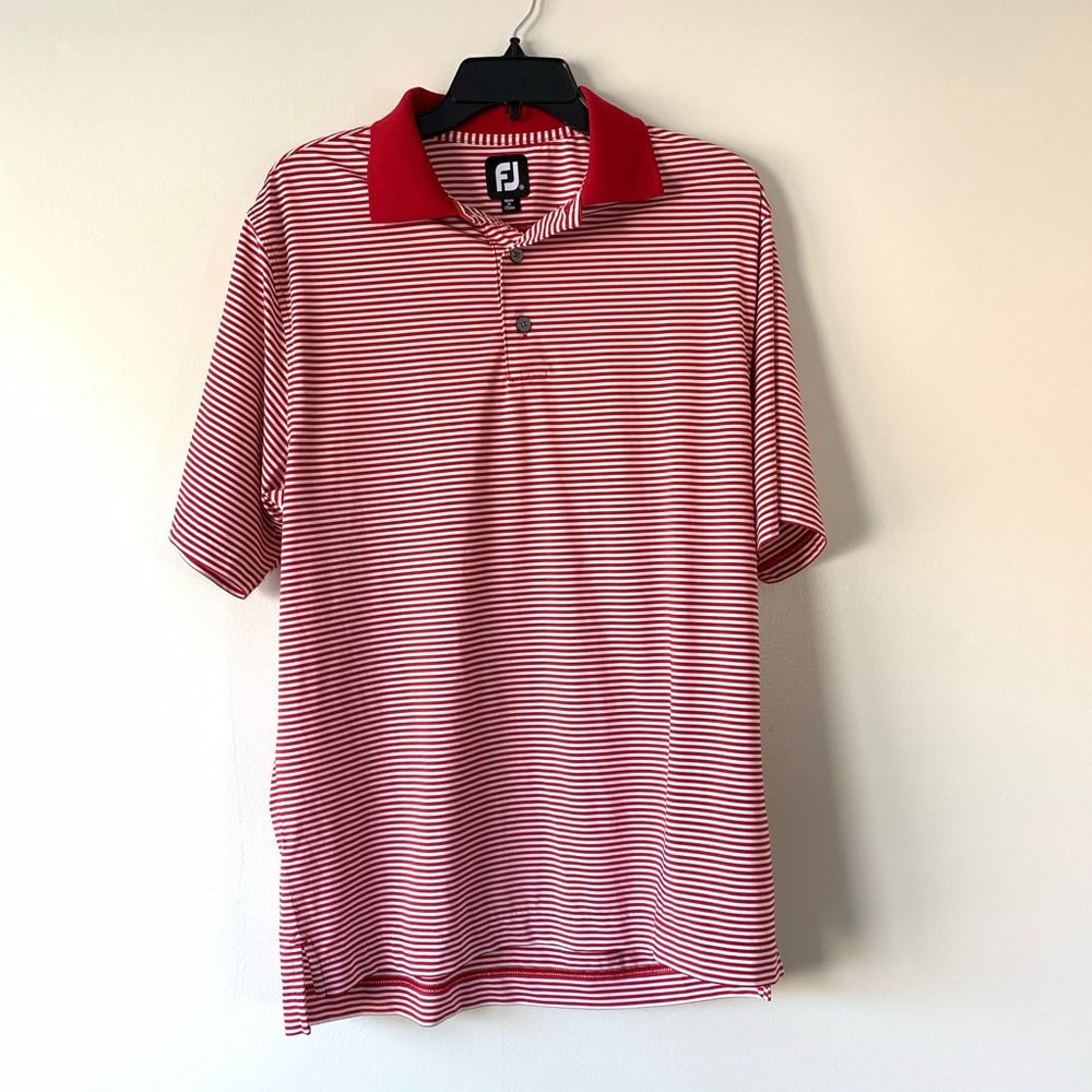 FJ FootJoy Red & White Striped Golf Polo Size M